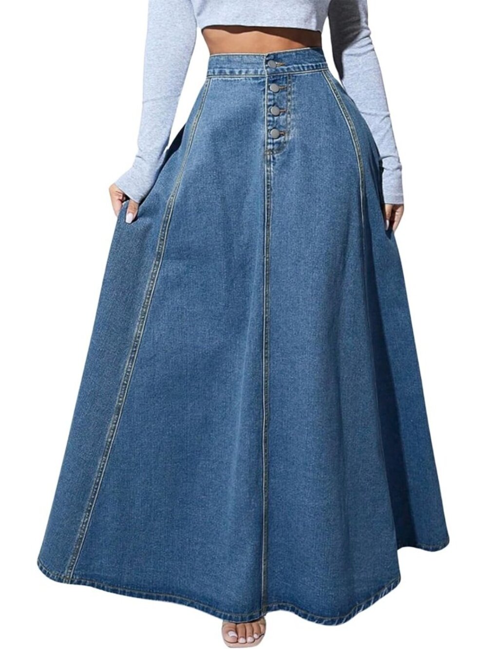 Retro High Waisted Flared Denim Maxi Skirt | Button Fly Pleated A-line Style